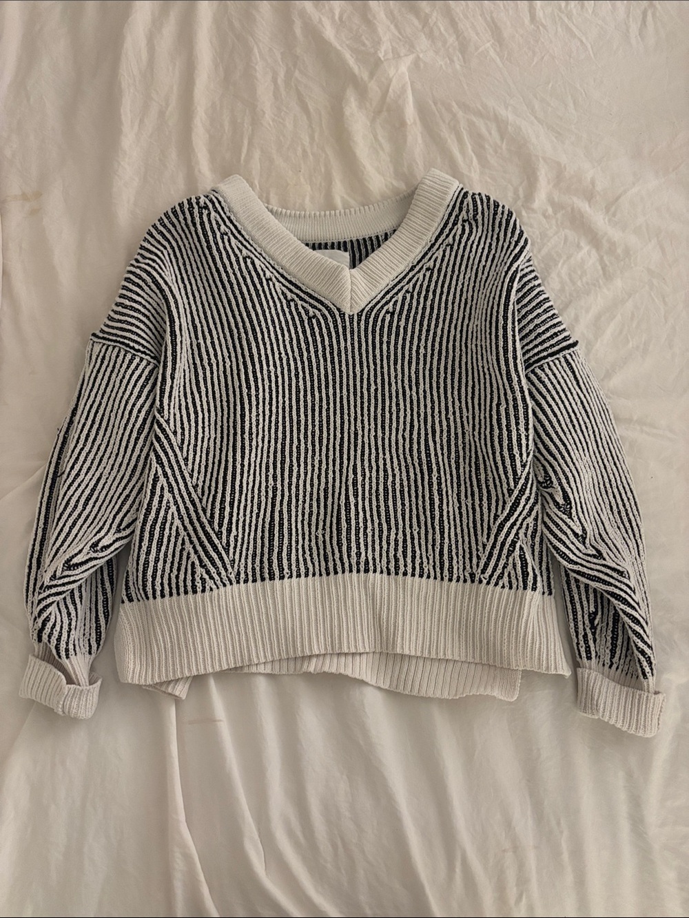 aerie Black and White V-Neck Striped Knit Sweater